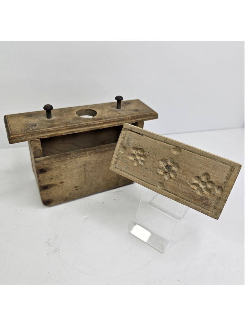 Vintage Wooden Butter Press Mold Folk Art Floral Stamp Primitive Kitchen Decor